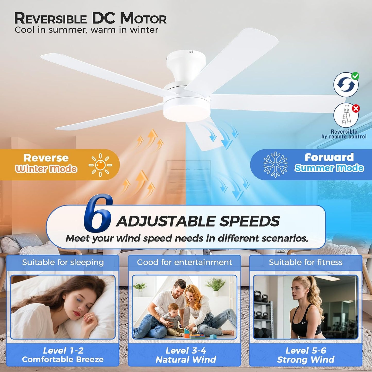 Ceiling Fans with Lights,46" Black Flush Mount Ceiling Fan Light with ABS Blades Reversible,3CCT Dimmable, Low Profile Fan Light for Indoor Modern Bedroom, Kitchen