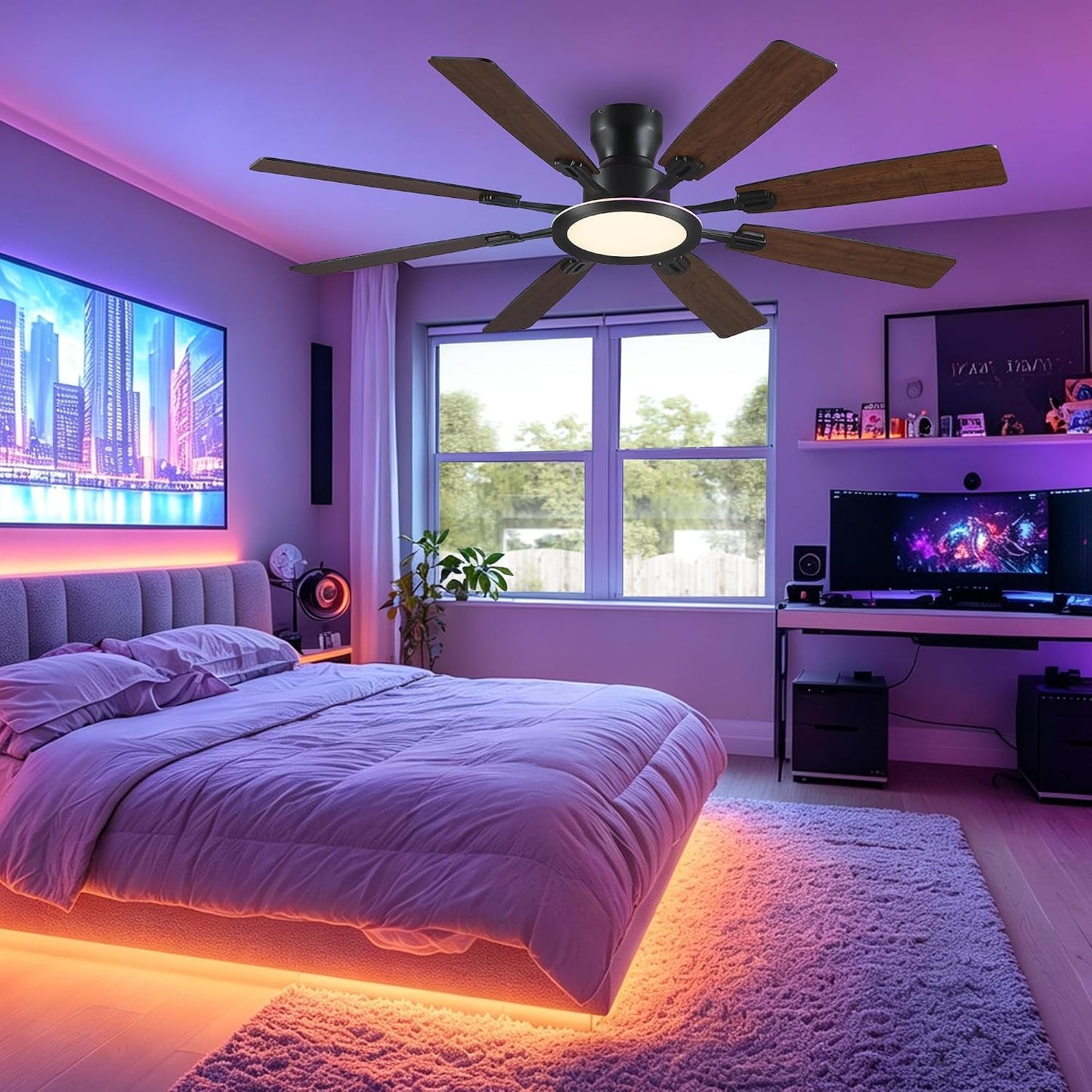 JSAITEE 60Inch Ceiling Fan with Lights Low Profile Flush Mount Brown RGB