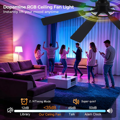 JSAITEE 60Inch Ceiling Fan with Lights Low Profile Flush Mount Brown RGB