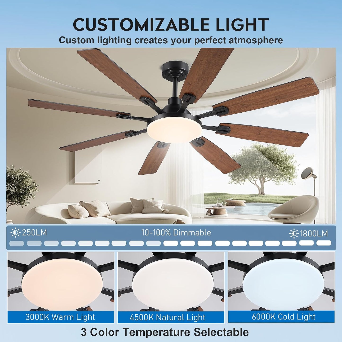 60" Ceiling Fan with Light - Modern White Low Profile Ceilings Fans Light Low Profile Fan with 8 Blades,6 Wind Speeds Reversible,Dimmable,Modern Light for Indoor Living Room,Kitchen,Coverd PatiosJL-153-Black-60In JL-153-White-60In JL-153-Brown-60In