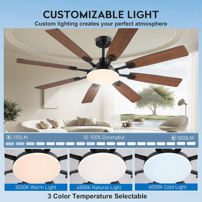 60" Ceiling Fan with Light - Modern White Low Profile Ceilings Fans Light Low Profile Fan with 8 Blades,6 Wind Speeds Reversible,Dimmable,Modern Light for Indoor Living Room,Kitchen,Coverd PatiosJL-153-Black-60In JL-153-White-60In JL-153-Brown-60In
