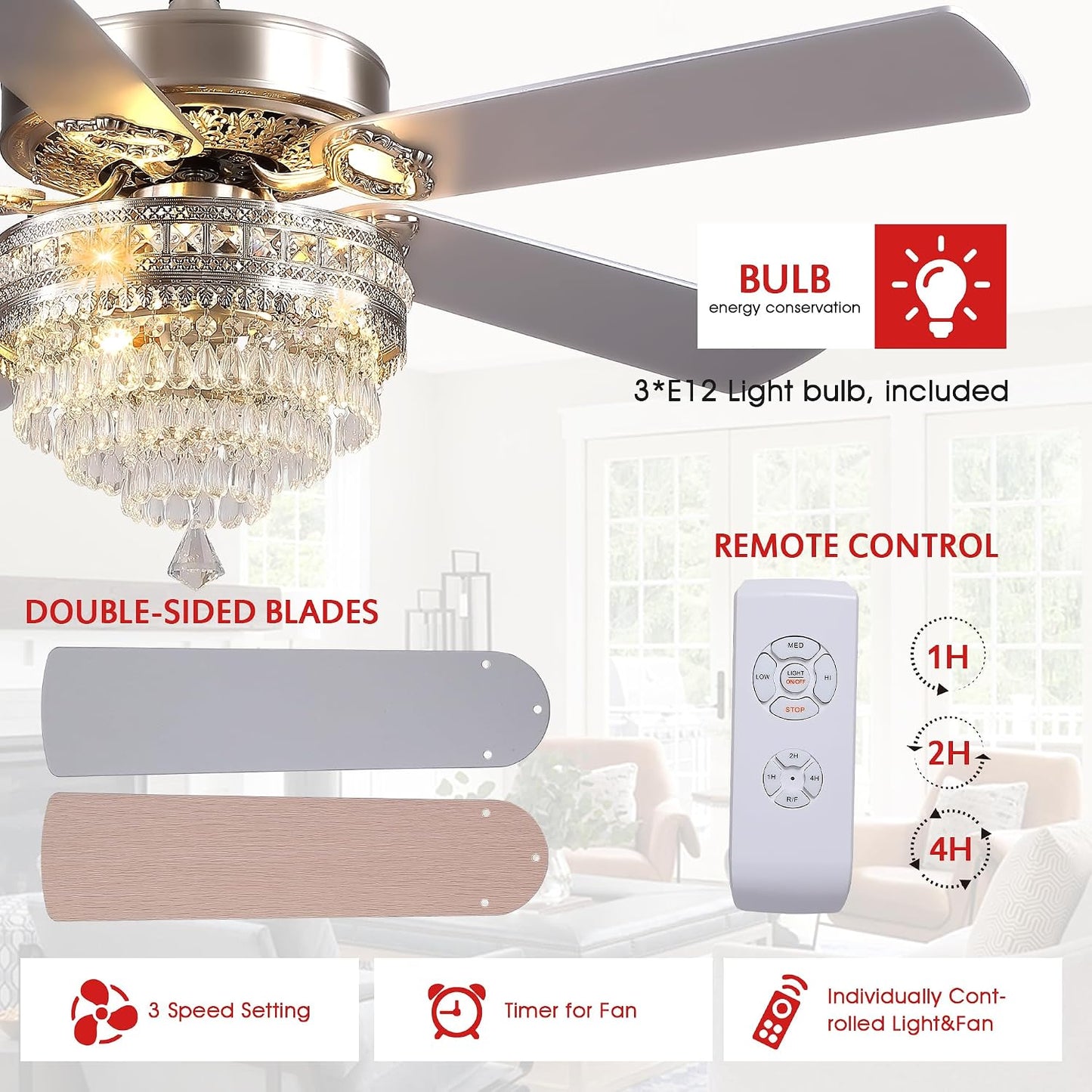 Crystal Ceiling Fan Fandelier with Lights - Retro Outdoor Fans (52" ) 5888 5888-Silver 52 5888-Gold 52