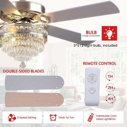 Crystal Ceiling Fan Fandelier with Lights - Retro Outdoor Fans (52" ) 5888 5888-Silver 52 5888-Gold 52