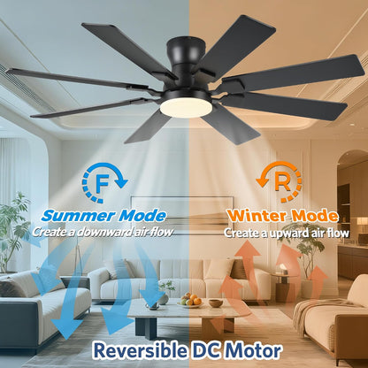 JSAITEE 52 inch Ceiling Fan with Light, 6 Speeds Reversible Low Profile Ceiling Fan with Light and Remote/APP Control, 3 Color Temp+Dimmable RGB, 8 Blades, Flush Mount Quiet Ceiling Fans, Black JL99-Black