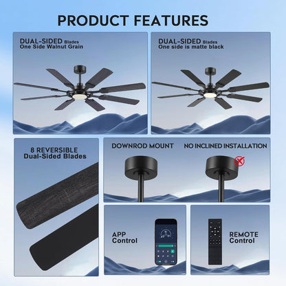 62" Ceiling Fan with Light - Modern White Low Profile Ceilings Fans Light08-Black-62In 08-White-62In 08-Brown-62In
