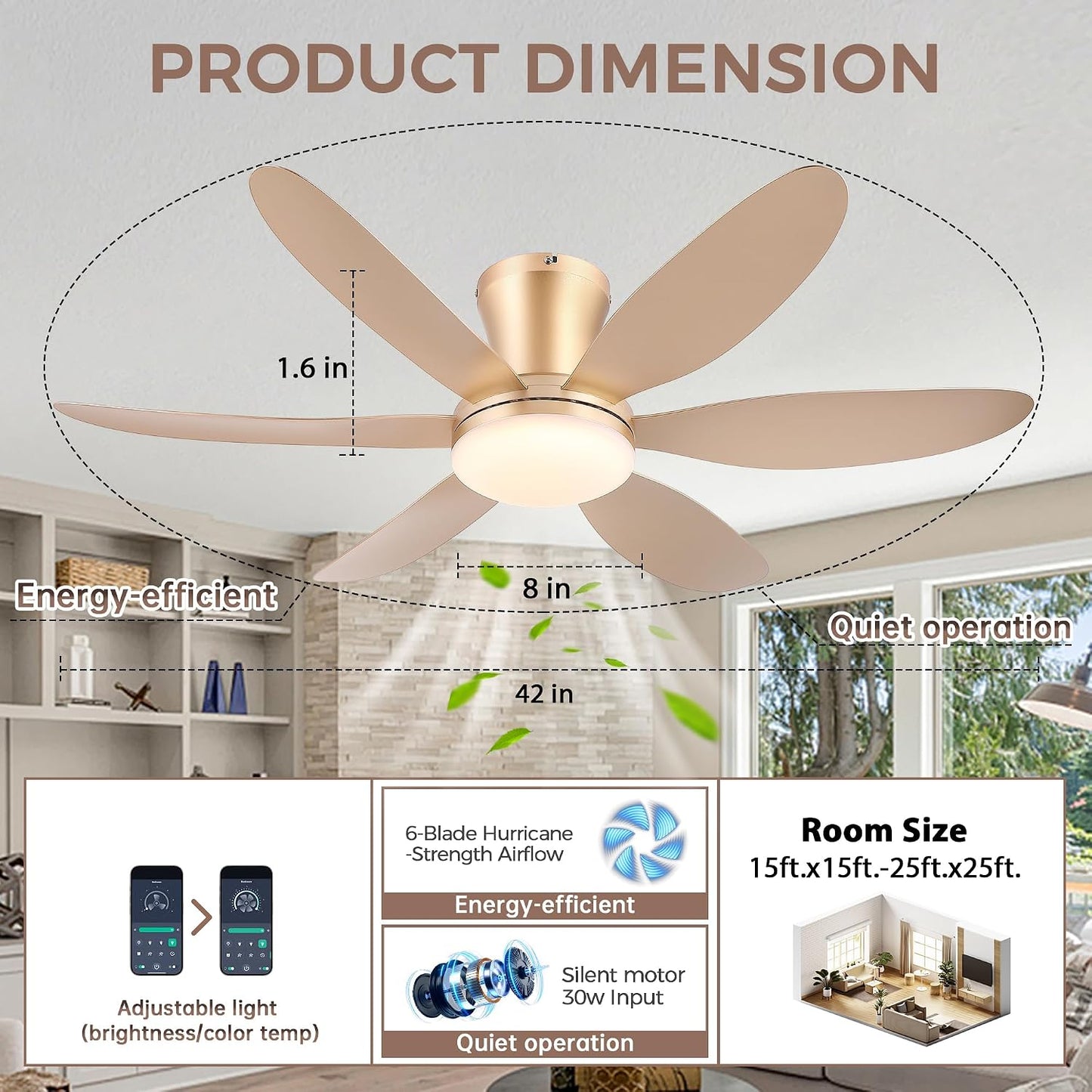 GJeg Ceiling Fans with Lights,42" Low Profile Ceiling Fan SY-89 Brown SY-89 Silver SY-89 Gold SY-89-White-42 SY-89-Black-42