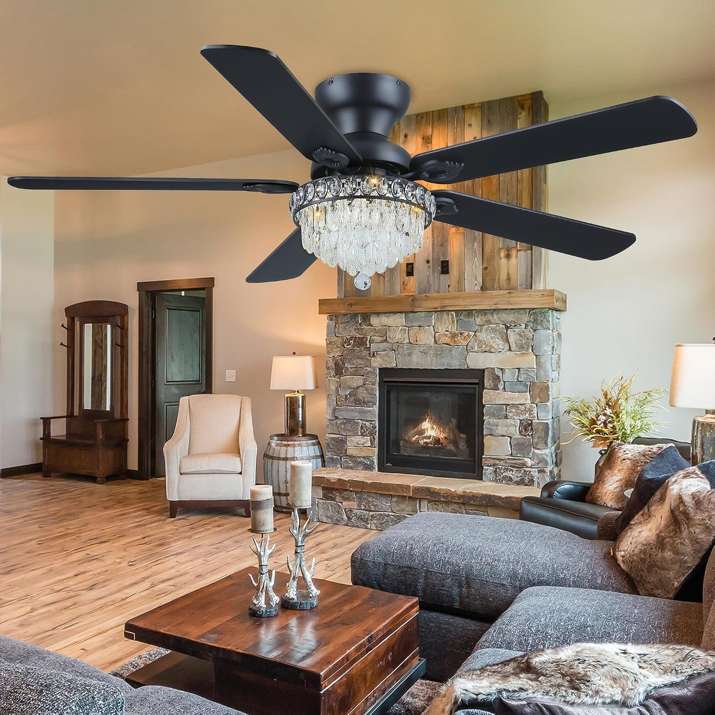 Crystal Ceiling Fan Fandelier with Lights-Modern Ceiling Fan(52" )5889-Black 5890-Black