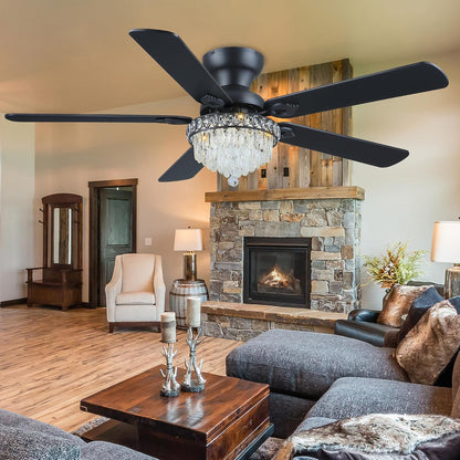 Crystal Ceiling Fan Fandelier with Lights-Modern Ceiling Fan(52" )5889-Black 5890-Black