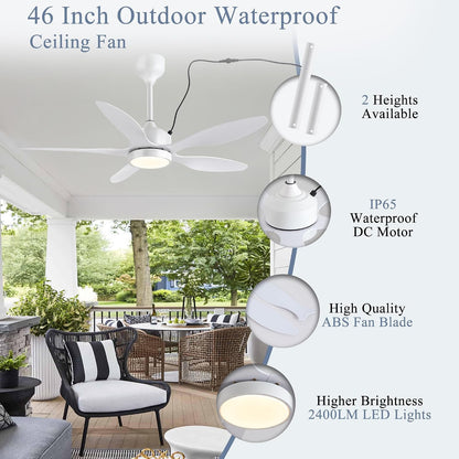 46 inch Waterproof Outdoor Ceiling Fan with Lights and Remote,IP65 Hanging Gazebo Fan with 3CCT 6-Speed DC Motor,Brown Wet Rated Plug in Ceiling Fan with Cord for Patios Porch Pergola LSP-36WP-Black LSP-36WP-White LSP-36WP-Brown