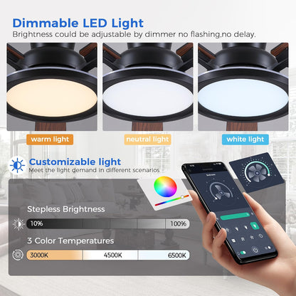 Ceiling Fans with Lights - 52in Flush Mount Ceiling Fan with RGB Dimmable, 3CCT 6 Wind Speeds and Reversible Quiet Motor, Low Profile RGB Fan Light for Modern Indoor, Party 8886-Black 8886-White 8886-Brown 8886-Nickel