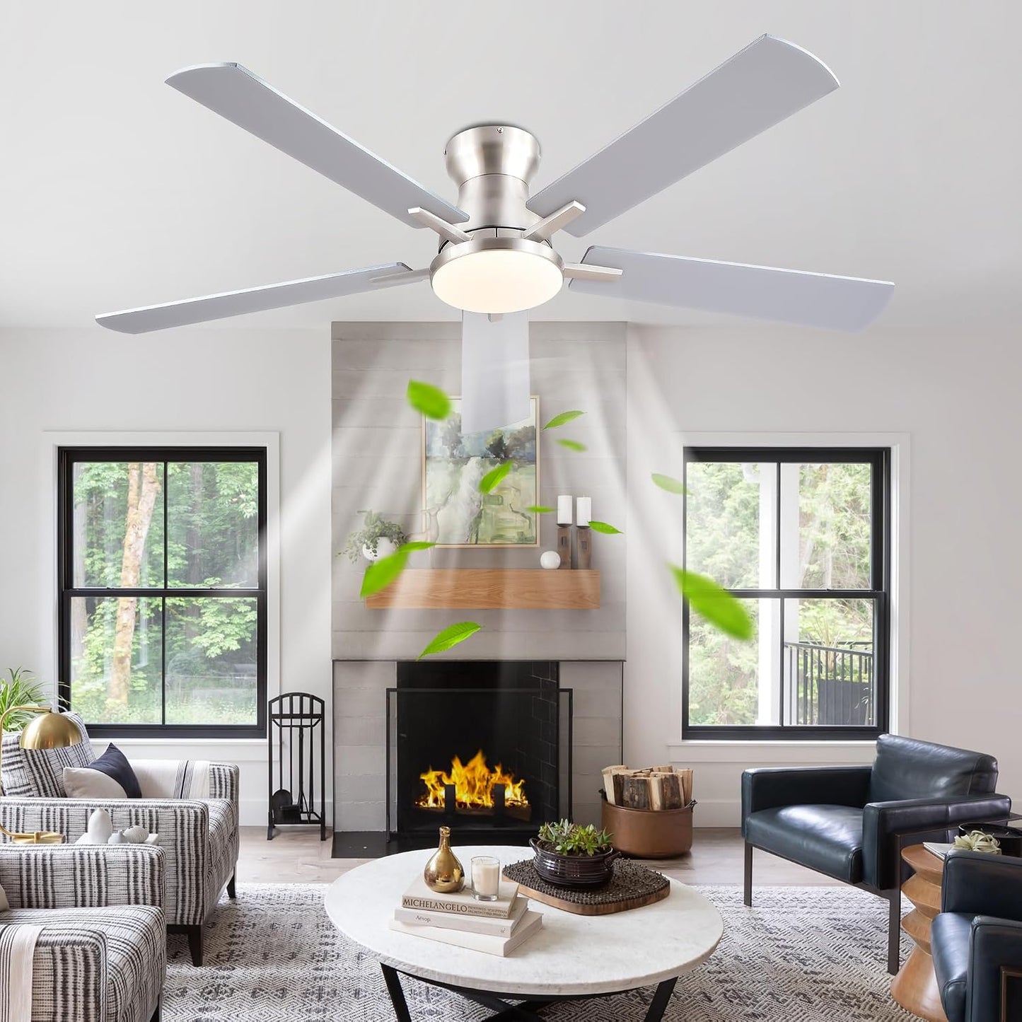Ceiling Fans with Lights,52 Inch Low Profile Ceiling Fan with Light-Flush Mount Dimmable, Quiet DC Motor for Outdoor Patio,Garage,Bedroom Brown67-Black 52in 67-White 52in 67-Brown 52in 67-Nickel 52in