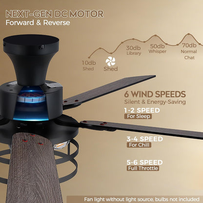 JSAITEE 52" Farmhouse Flush Mount Ceiling Fans with Lights, No Bulbs