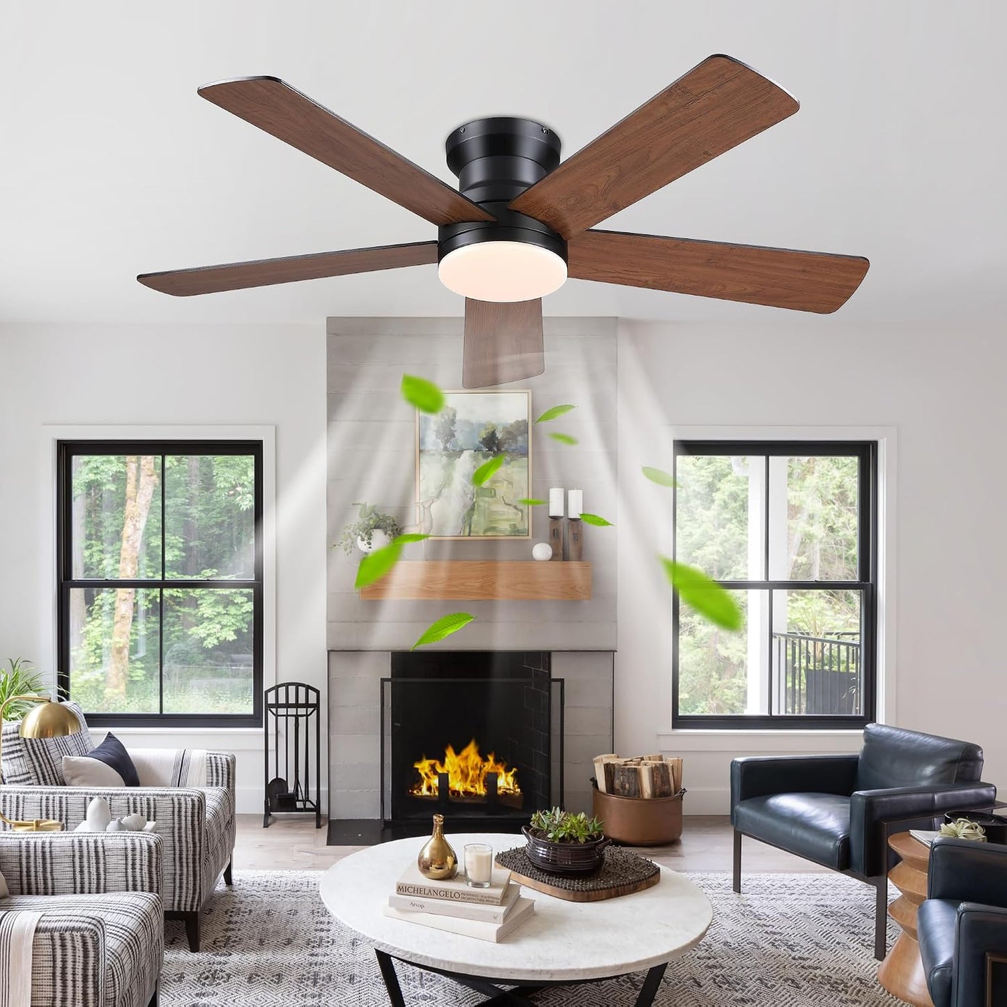 48In Ceiling Fan with Light Flush Mount - White Low Profile Ceiling Fan Light with Remote/APP, 5 Reversible Dual-Sided Blades, Modern Fan Light for Indoor Bedroom, Covered Outdoor