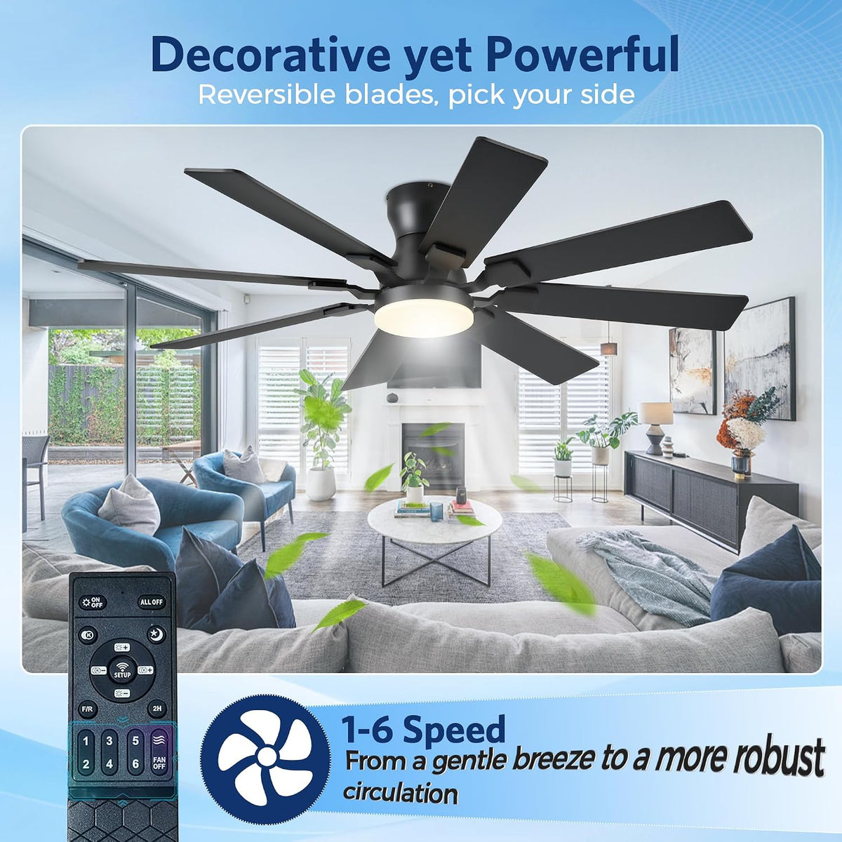 JSAITEE 52 inch Ceiling Fan with Light, 6 Speeds Reversible Low Profile Ceiling Fan with Light and Remote/APP Control, 3 Color Temp+Dimmable RGB, 8 Blades, Flush Mount Quiet Ceiling Fans, Black JL99-Black
