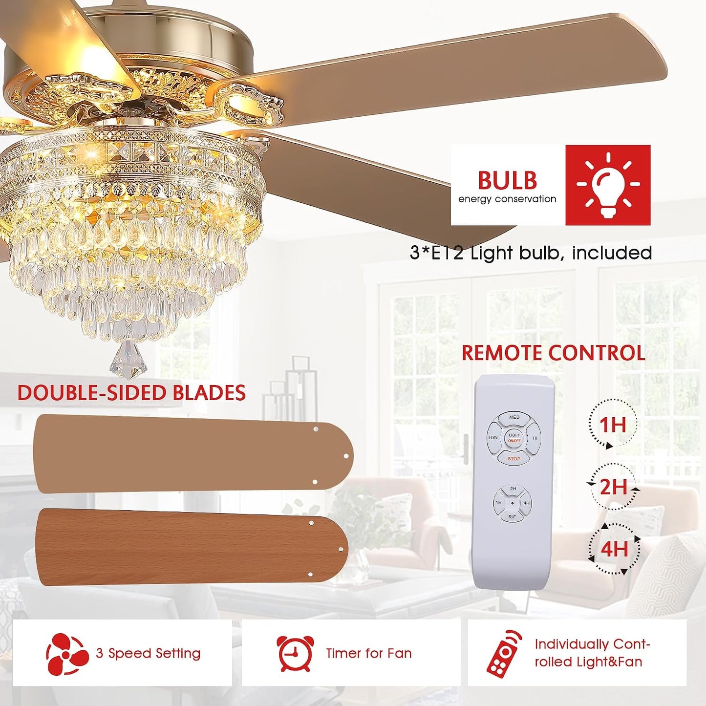 Crystal Ceiling Fan Fandelier with Lights - Retro Outdoor Fans (52" ) 5888 5888-Silver 52 5888-Gold 52