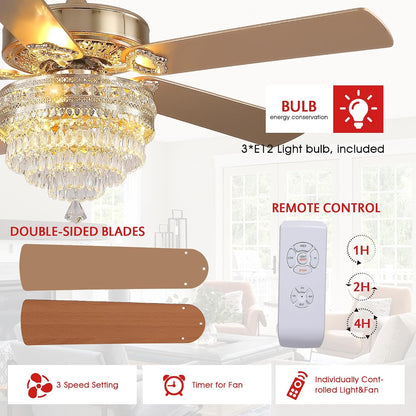 Crystal Ceiling Fan Fandelier with Lights - Retro Outdoor Fans (52" ) 5888 5888-Silver 52 5888-Gold 52