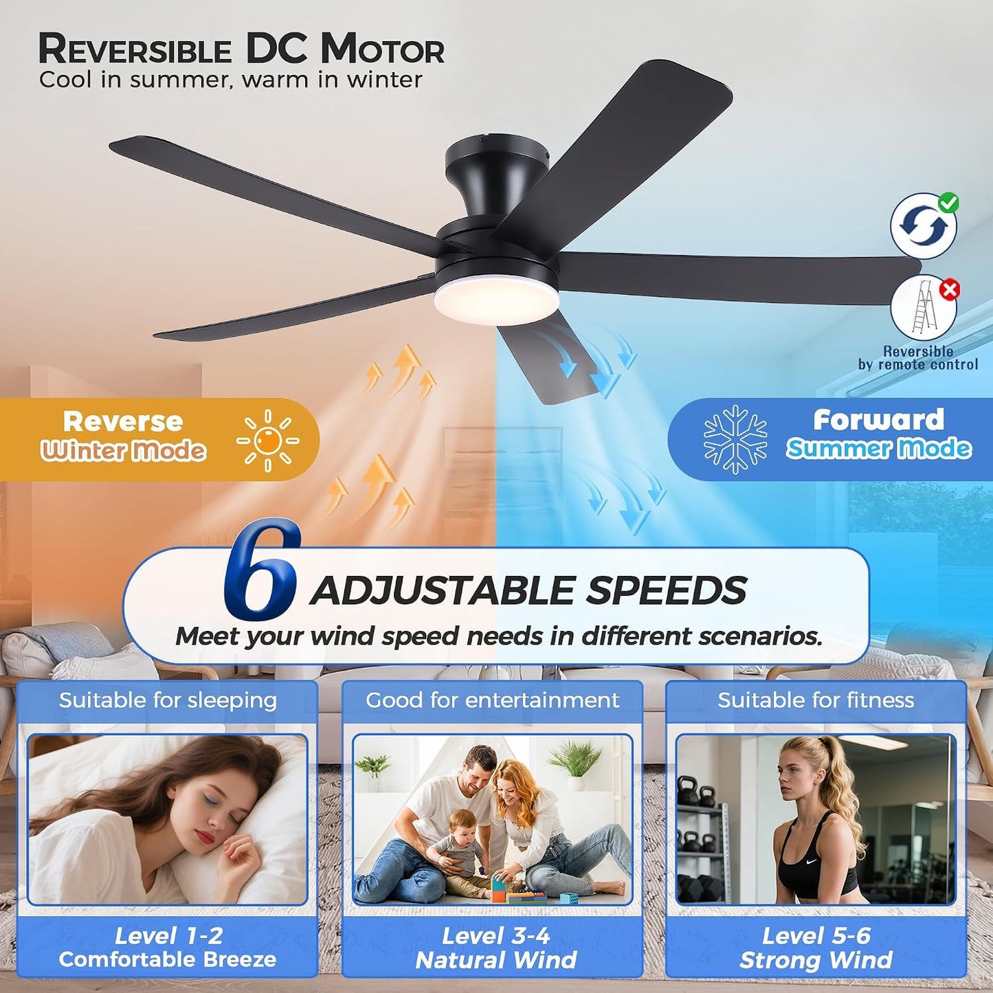 Ceiling Fans with Lights,46" Black Flush Mount Ceiling Fan Light with ABS Blades Reversible,3CCT Dimmable, Low Profile Fan Light for Indoor Modern Bedroom, Kitchen