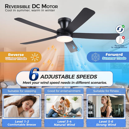 Ceiling Fans with Lights,46" Black Flush Mount Ceiling Fan Light with ABS Blades Reversible,3CCT Dimmable, Low Profile Fan Light for Indoor Modern Bedroom, Kitchen