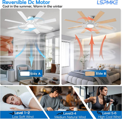 Ceiling Fans with Lights, 54 inch Low Profile Ceiling Fan with Light and Remote Control, Flush Mount Ceiling Fan for Bedroom, Living Room, Reversible, 3CCT, Dimmable, Noiseless DC Motor, Black White Brown