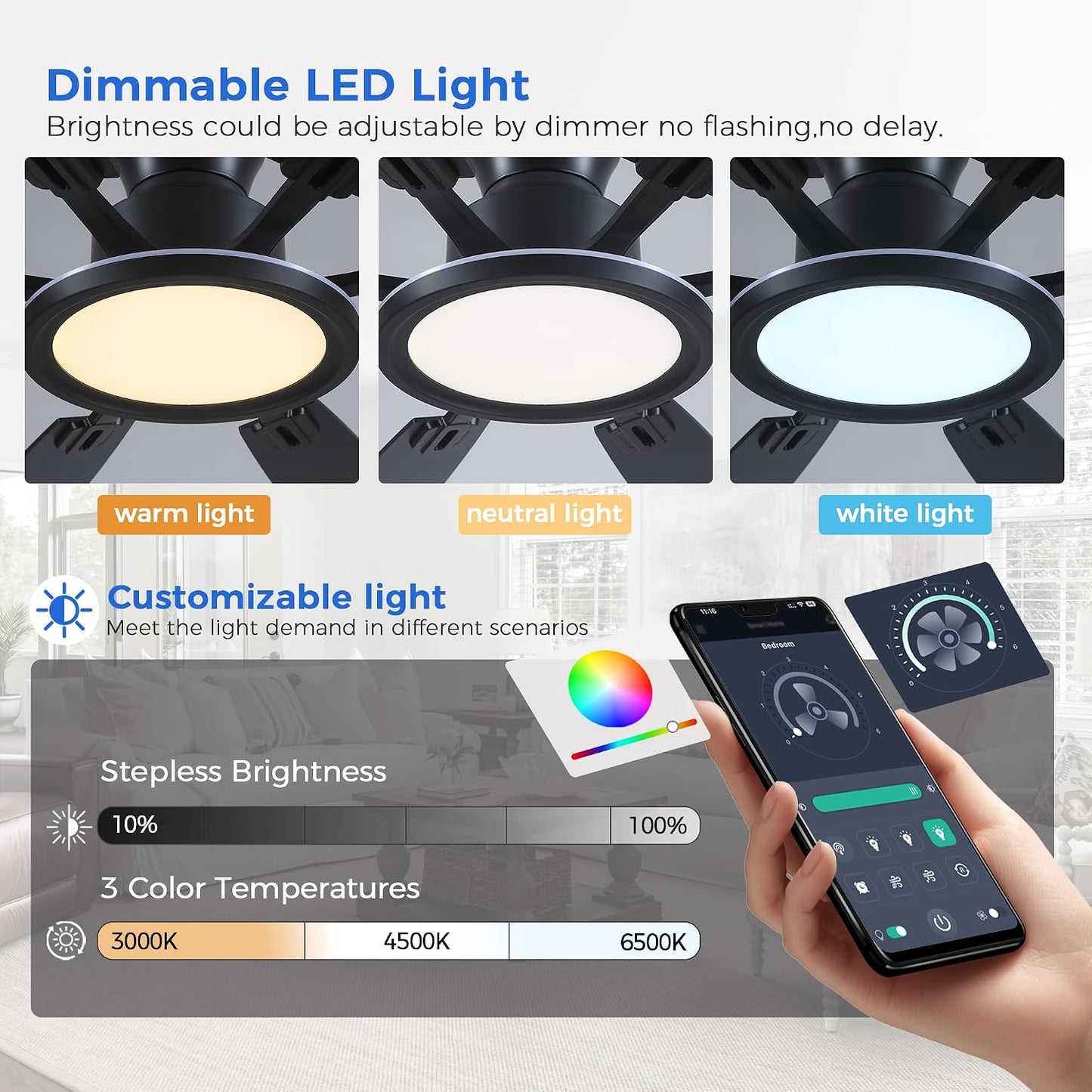 Ceiling Fans with Lights -60in Brown Flush Mount Ceiling Fan with RGB SY8888-Black-RGB SY8888-White-RGB SY8888-Brown-RGB