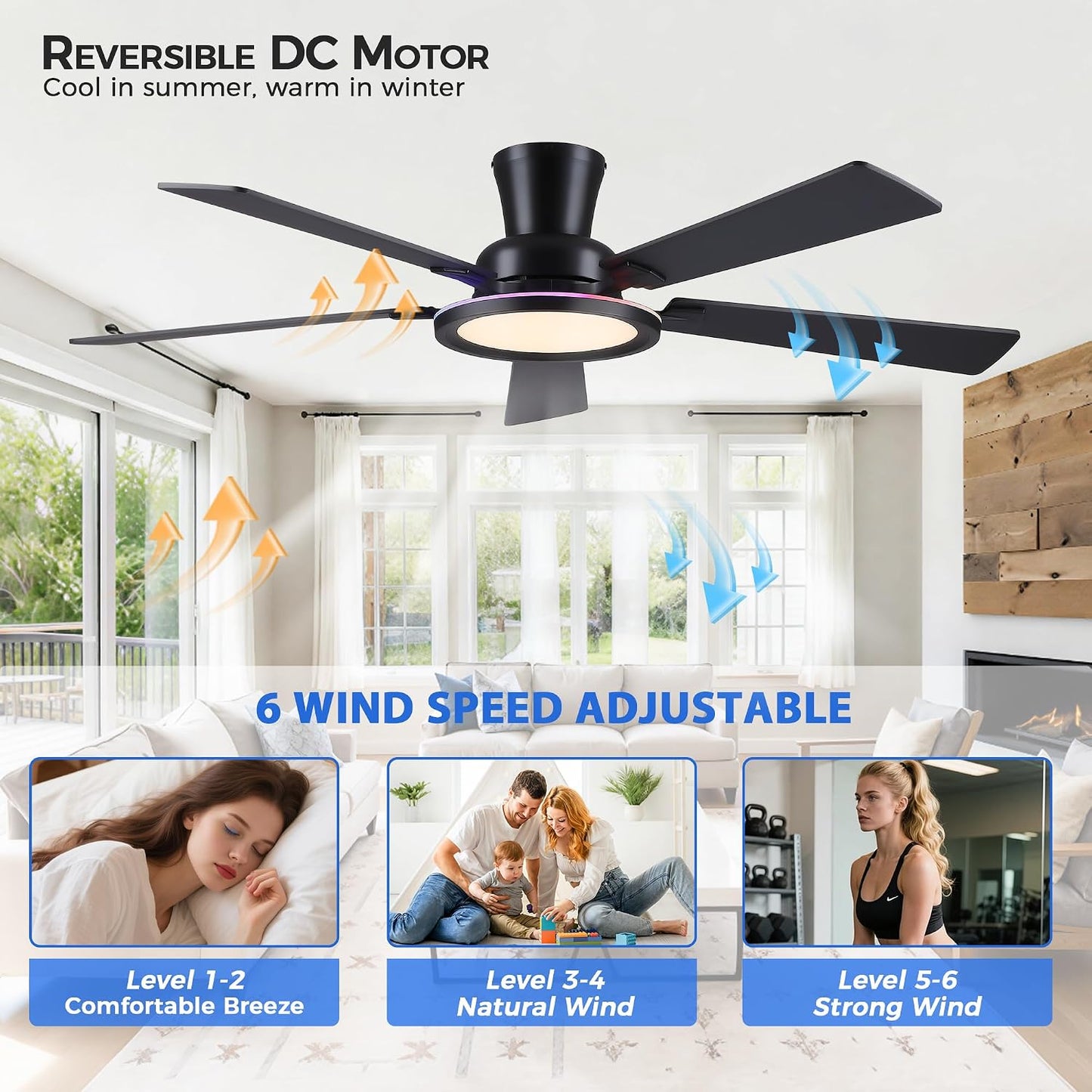 Ceiling Fans with Lights - 52in Flush Mount Ceiling Fan with RGB Dimmable, 3CCT 6 Wind Speeds and Reversible Quiet Motor, Low Profile RGB Fan Light for Modern Indoor, Party 8886-Black 8886-White 8886-Brown 8886-Nickel