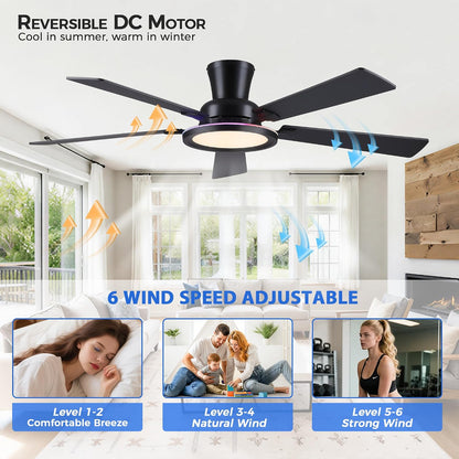 Ceiling Fans with Lights - 52in Flush Mount Ceiling Fan with RGB Dimmable, 3CCT 6 Wind Speeds and Reversible Quiet Motor, Low Profile RGB Fan Light for Modern Indoor, Party 8886-Black 8886-White 8886-Brown 8886-Nickel
