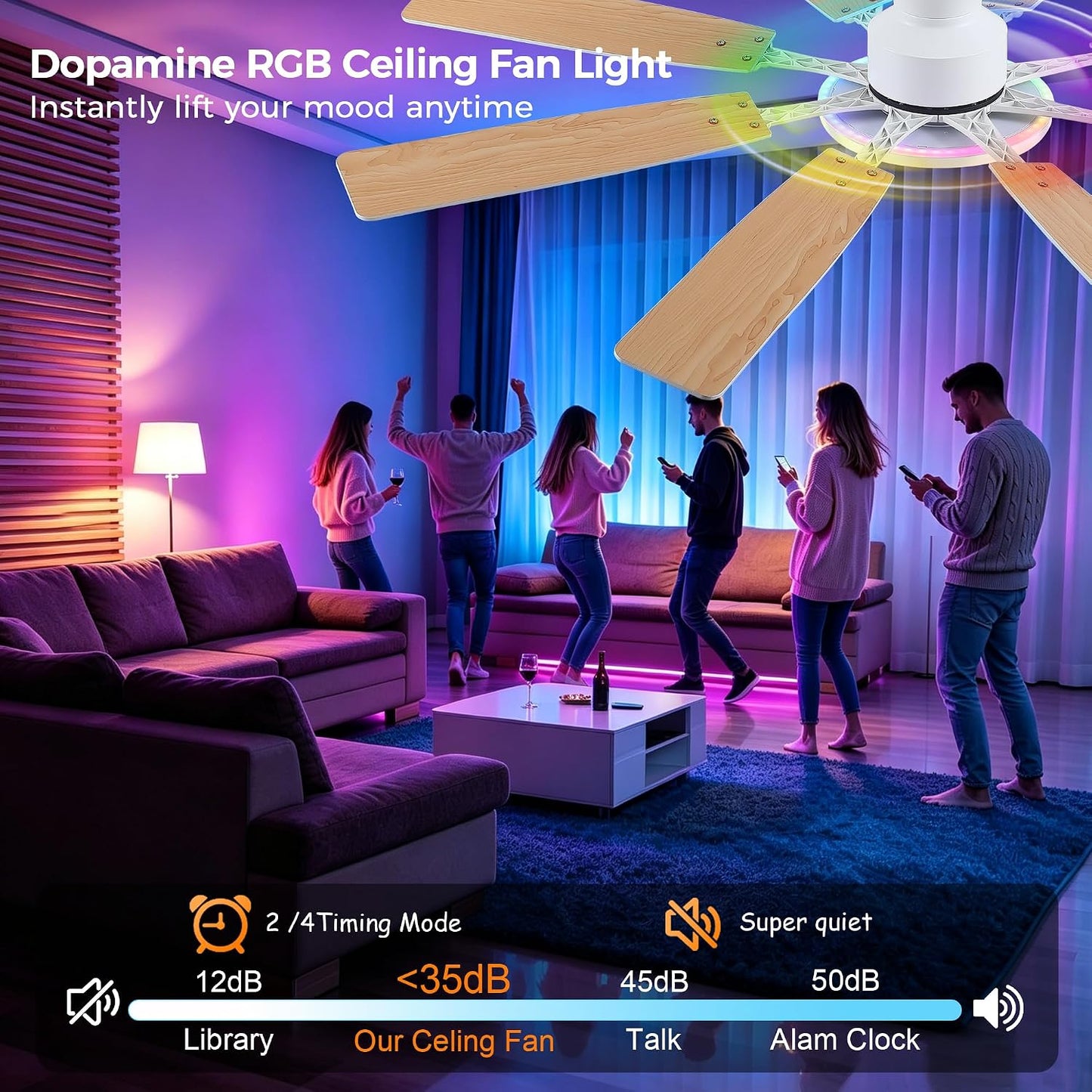 JSAITEE 60Inch Ceiling Fan with Lights Low Profile Flush Mount Brown RGB