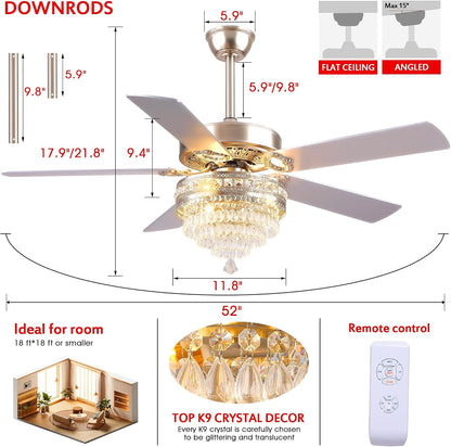Crystal Ceiling Fan Fandelier with Lights - Retro Outdoor Fans (52" ) 5888 5888-Silver 52 5888-Gold 52