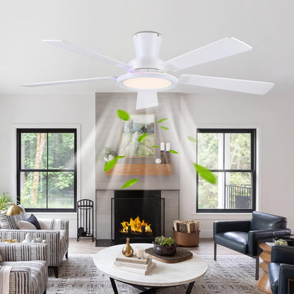 Ceiling Fans with Lights - 52in Flush Mount Ceiling Fan with RGB Dimmable, 3CCT 6 Wind Speeds and Reversible Quiet Motor, Low Profile RGB Fan Light for Modern Indoor, Party 8886-Black 8886-White 8886-Brown 8886-Nickel