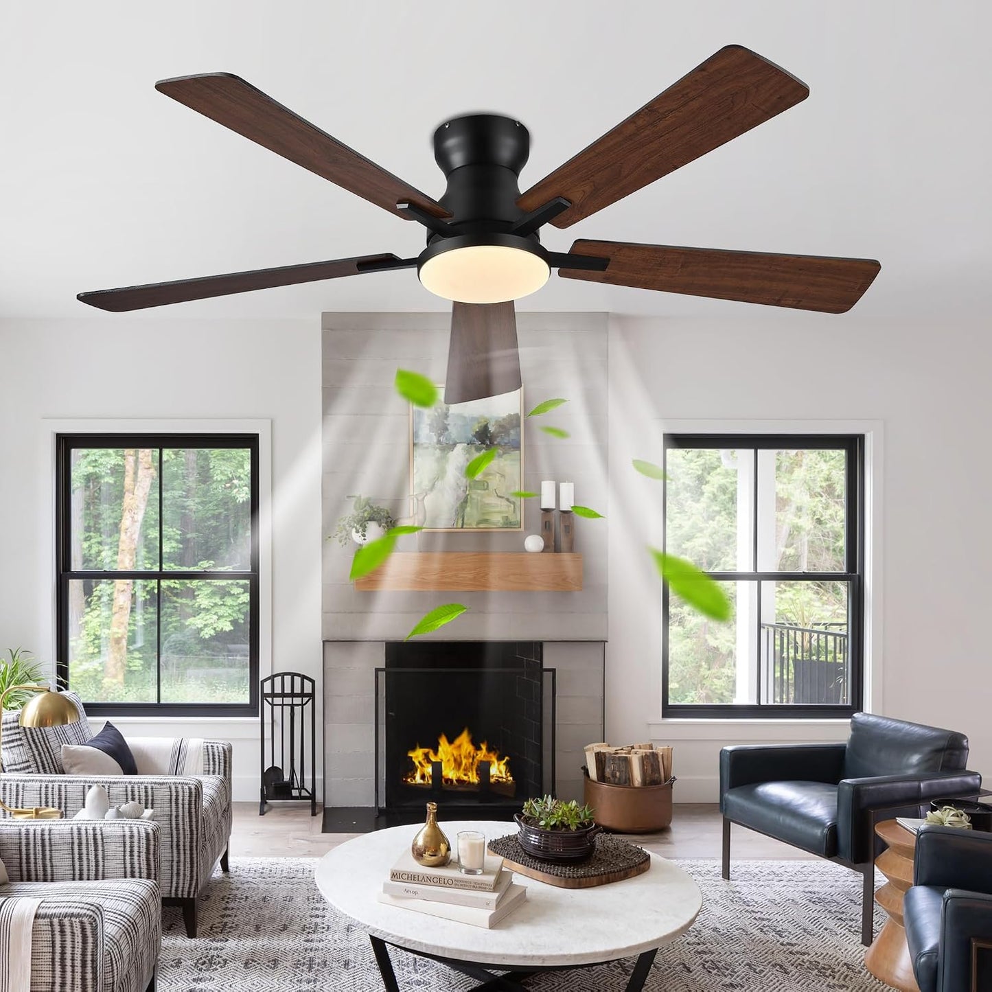 Ceiling Fans with Lights,52 Inch Low Profile Ceiling Fan with Light-Flush Mount Dimmable, Quiet DC Motor for Outdoor Patio,Garage,Bedroom Brown67-Black 52in 67-White 52in 67-Brown 52in 67-Nickel 52in