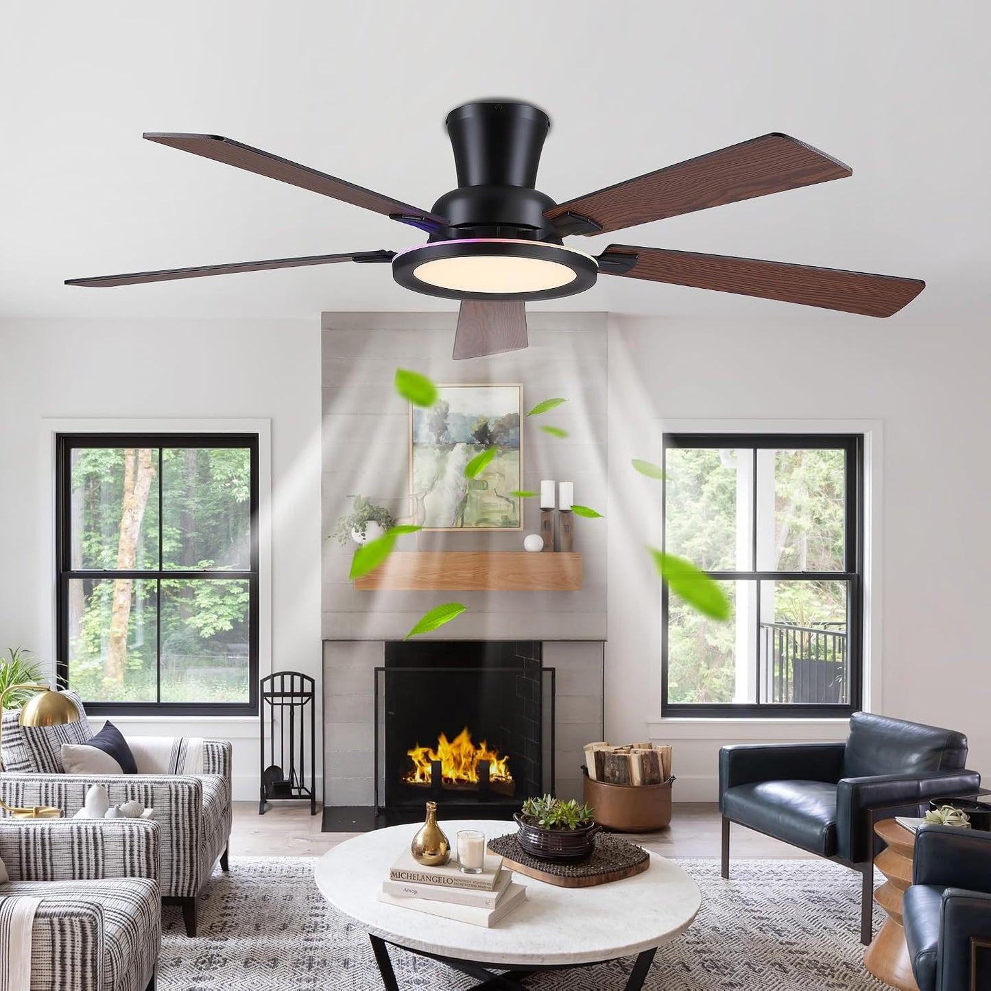 Ceiling Fans with Lights - 52in Flush Mount Ceiling Fan with RGB Dimmable, 3CCT 6 Wind Speeds and Reversible Quiet Motor, Low Profile RGB Fan Light for Modern Indoor, Party 8886-Black 8886-White 8886-Brown 8886-Nickel
