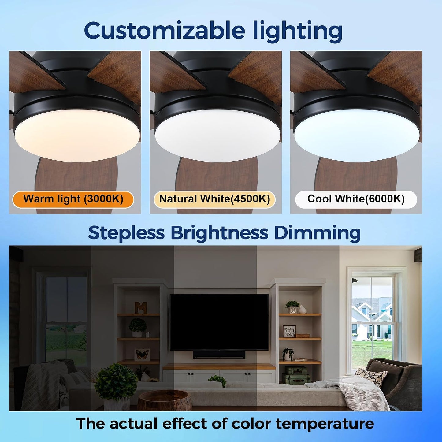 SAITEE 48" Ceiling Fans with Lights Low Profile - Flush Mount Ceiling Fan with Light and Remote, 6 Wind Speeds Reversible, Quiet, 3CCT Dimmable, Fan Light for Modern Indoor, Bedroom, Kitchen,JL68-48-Black JL068-48-white JL68-48-Brwon JL68-48-Nickle