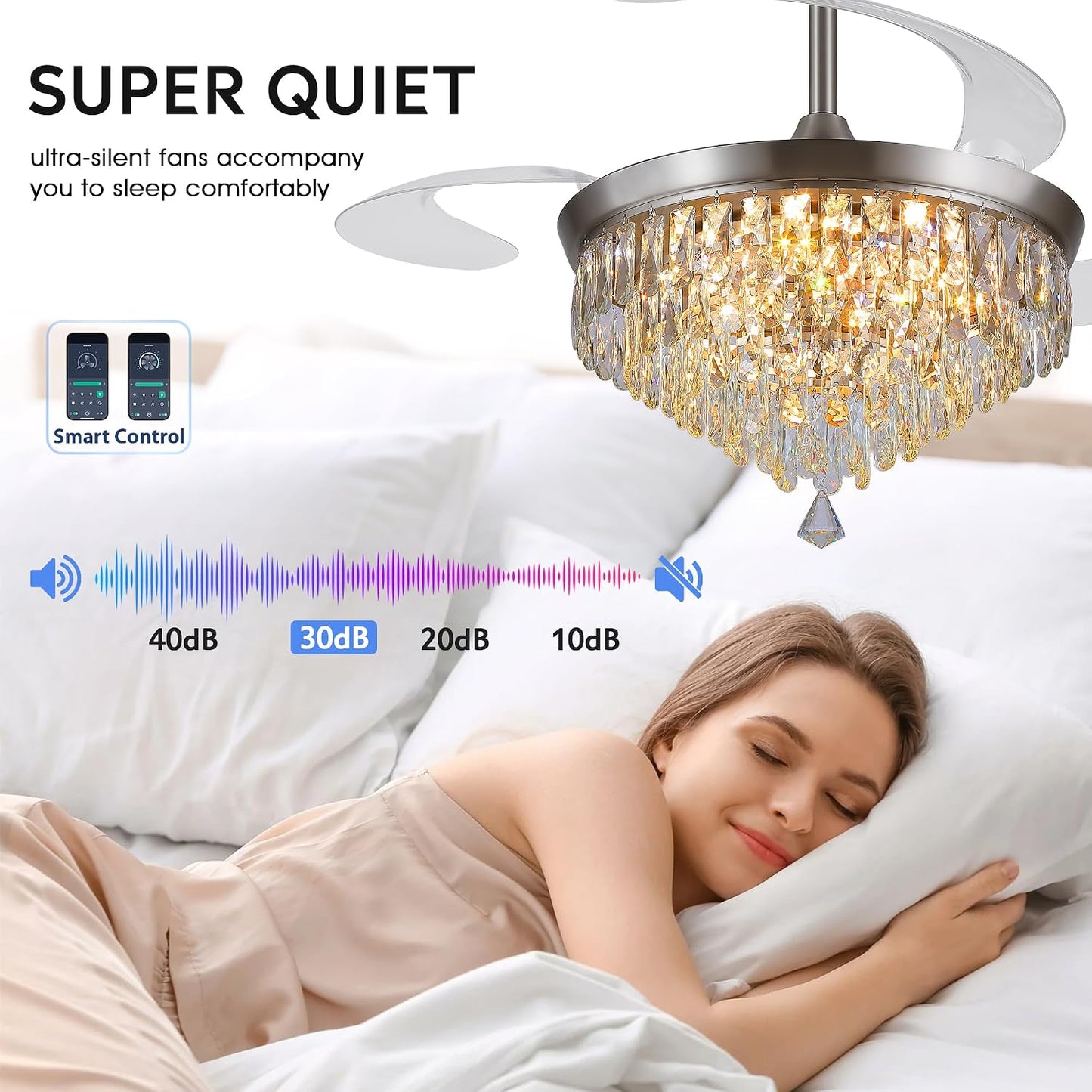 48" Chandelier Ceiling Fan with Lights, Crystal Retractable Fandelier with 3 Color LED Dimmable, Reversible DC Motor, Modern for Bedroom, Living Room5555-BLACK 5555-GOLD 5555-NICKEL