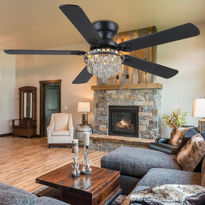 Crystal Ceiling Fan Fandelier with Lights-Modern Ceiling Fan(52" )5889-Black 5890-Black