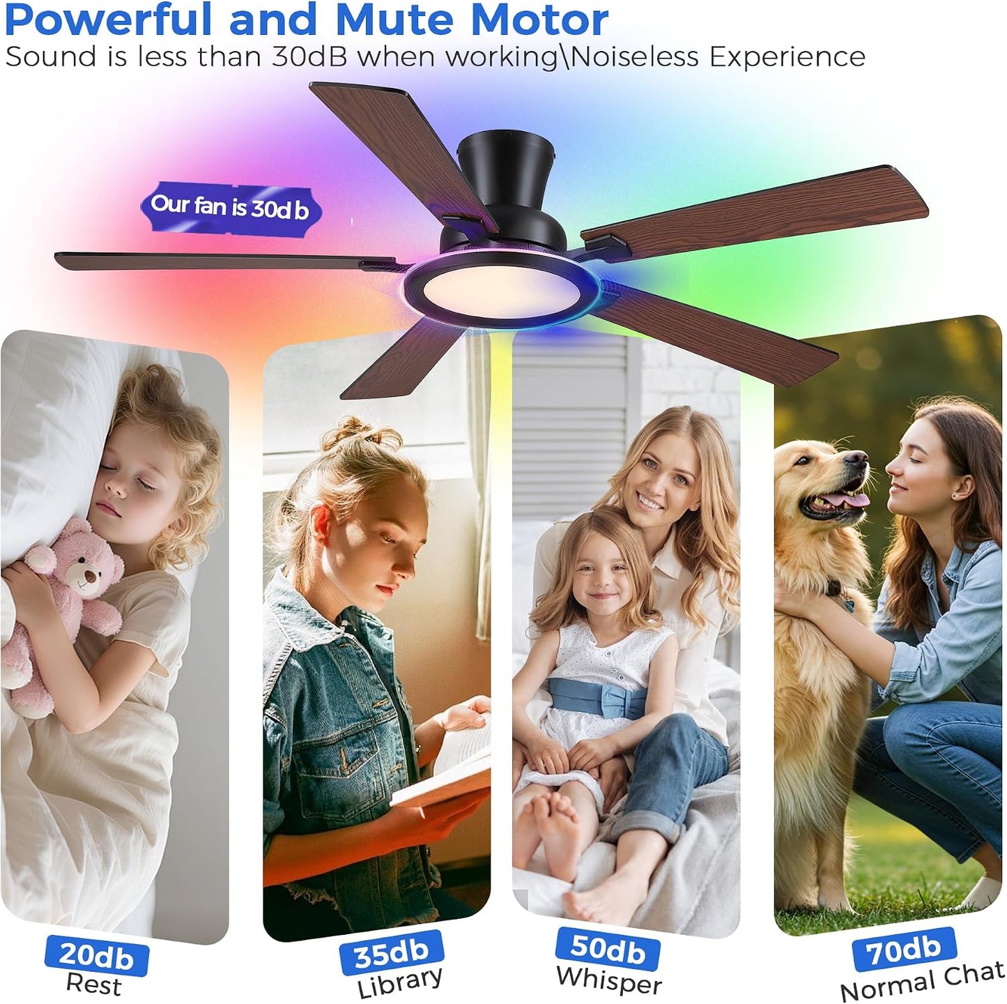 Ceiling Fans with Lights - 52in Flush Mount Ceiling Fan with RGB Dimmable, 3CCT 6 Wind Speeds and Reversible Quiet Motor, Low Profile RGB Fan Light for Modern Indoor, Party 8886-Black 8886-White 8886-Brown 8886-Nickel