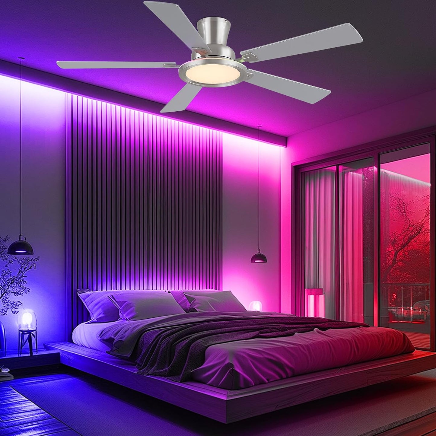 Ceiling Fans with Lights - 52in Flush Mount Ceiling Fan with RGB Dimmable, 3CCT 6 Wind Speeds and Reversible Quiet Motor, Low Profile RGB Fan Light for Modern Indoor, Party 8886-Black 8886-White 8886-Brown 8886-Nickel