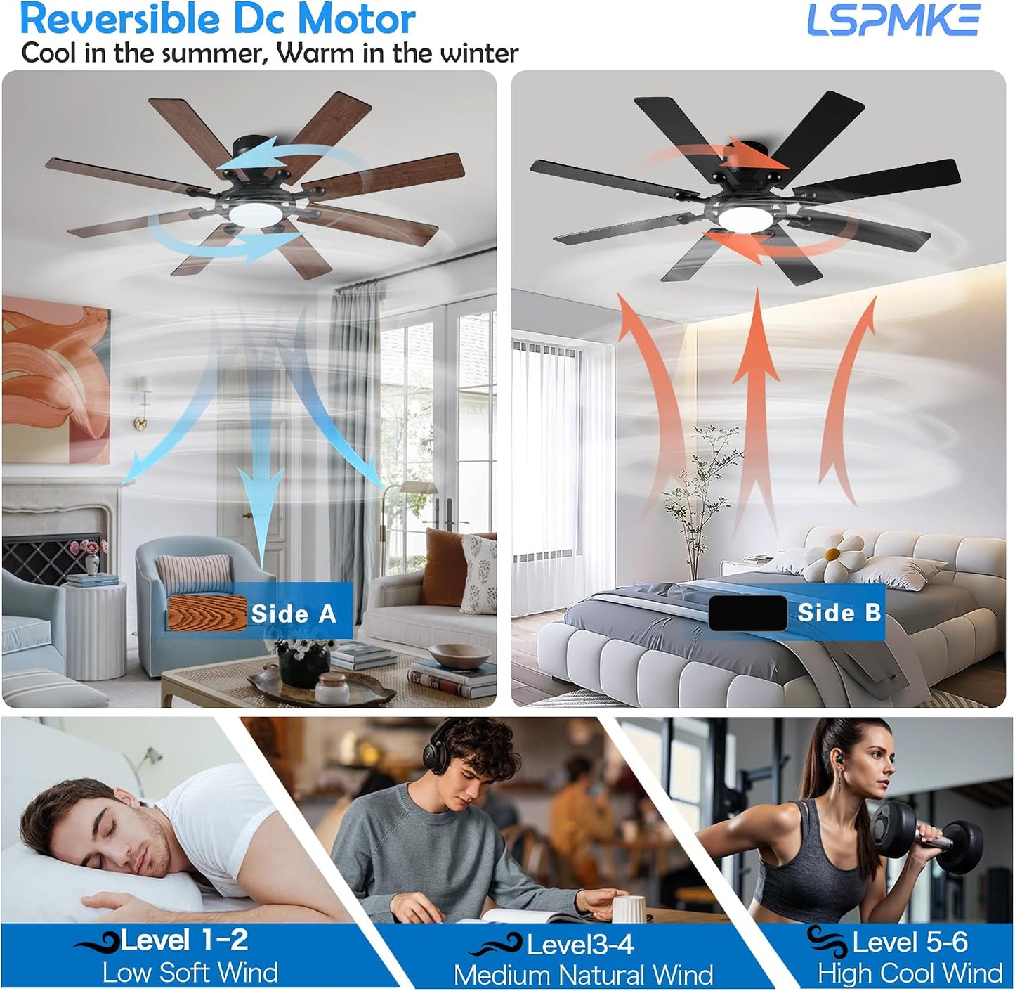 Ceiling Fans with Lights, 54 inch Low Profile Ceiling Fan with Light and Remote Control, Flush Mount Ceiling Fan for Bedroom, Living Room, Reversible, 3CCT, Dimmable, Noiseless DC Motor, Black White Brown