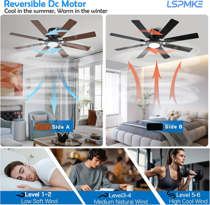 Ceiling Fans with Lights, 54 inch Low Profile Ceiling Fan with Light and Remote Control, Flush Mount Ceiling Fan for Bedroom, Living Room, Reversible, 3CCT, Dimmable, Noiseless DC Motor, Black White Brown