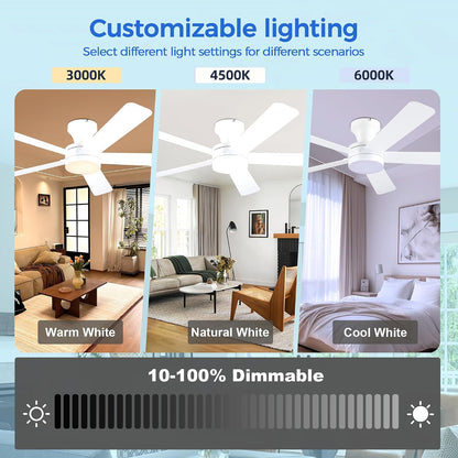 Ceiling Fans with Lights,46" Black Flush Mount Ceiling Fan Light with ABS Blades Reversible,3CCT Dimmable, Low Profile Fan Light for Indoor Modern Bedroom, Kitchen
