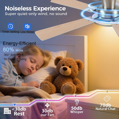 Ceiling Fans with Lights - 52in Flush Mount Ceiling Fan with RGB Dimmable, 3CCT 6 Wind Speeds and Reversible Quiet Motor, Low Profile RGB Fan Light for Modern Indoor, Party 8886-Black 8886-White 8886-Brown 8886-Nickel