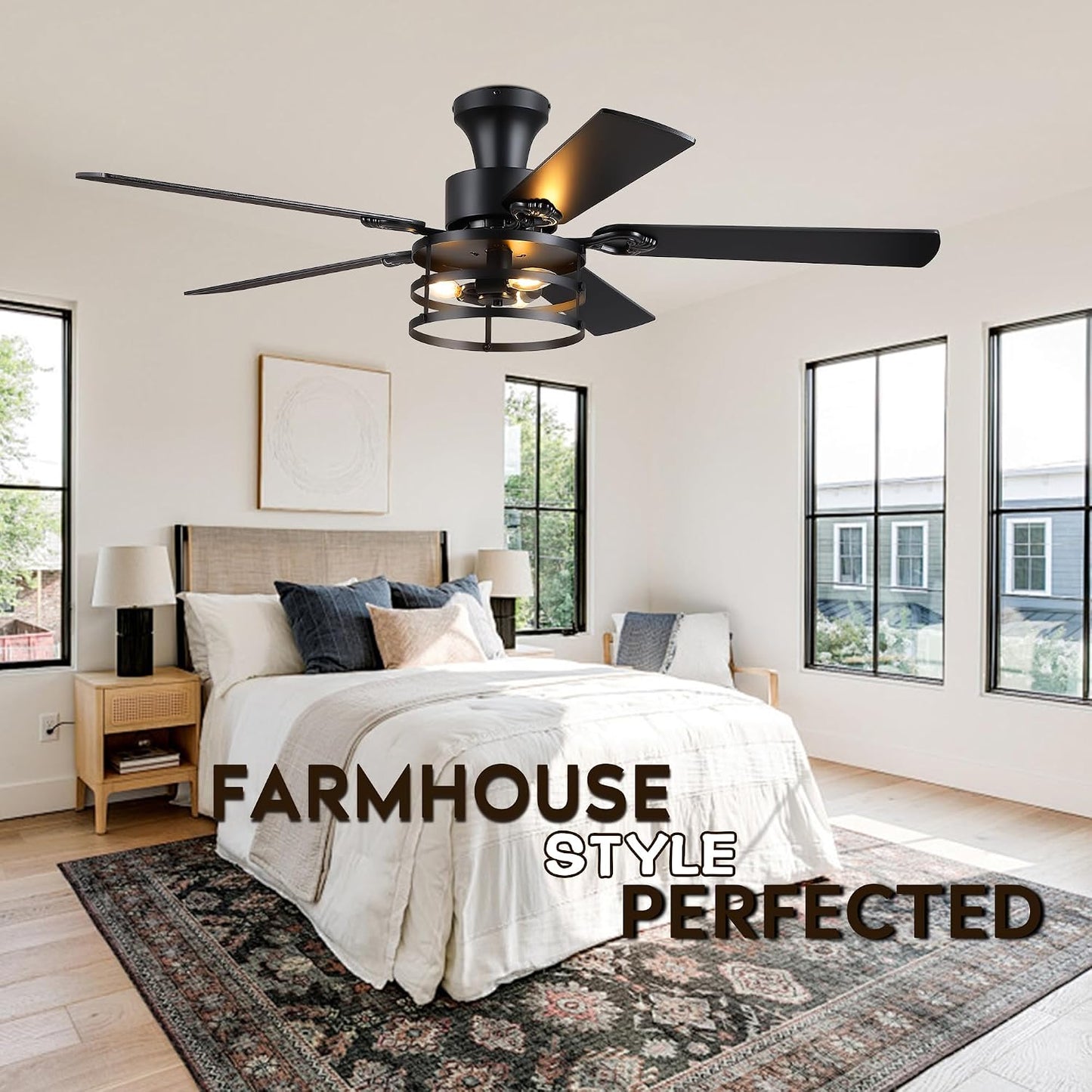 JSAITEE 52" Farmhouse Flush Mount Ceiling Fans with Lights, No Bulbs
