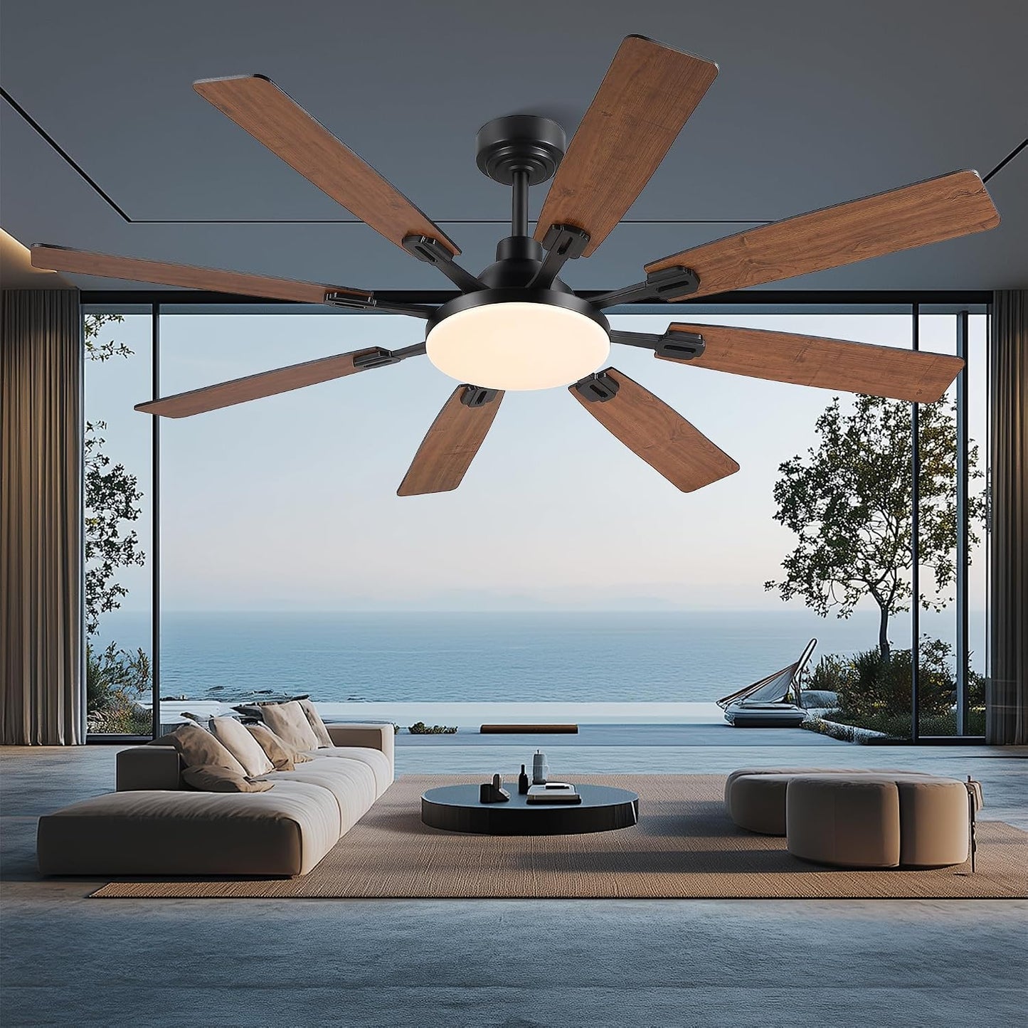 60" Ceiling Fan with Light - Modern White Low Profile Ceilings Fans Light Low Profile Fan with 8 Blades,6 Wind Speeds Reversible,Dimmable,Modern Light for Indoor Living Room,Kitchen,Coverd PatiosJL-153-Black-60In JL-153-White-60In JL-153-Brown-60In