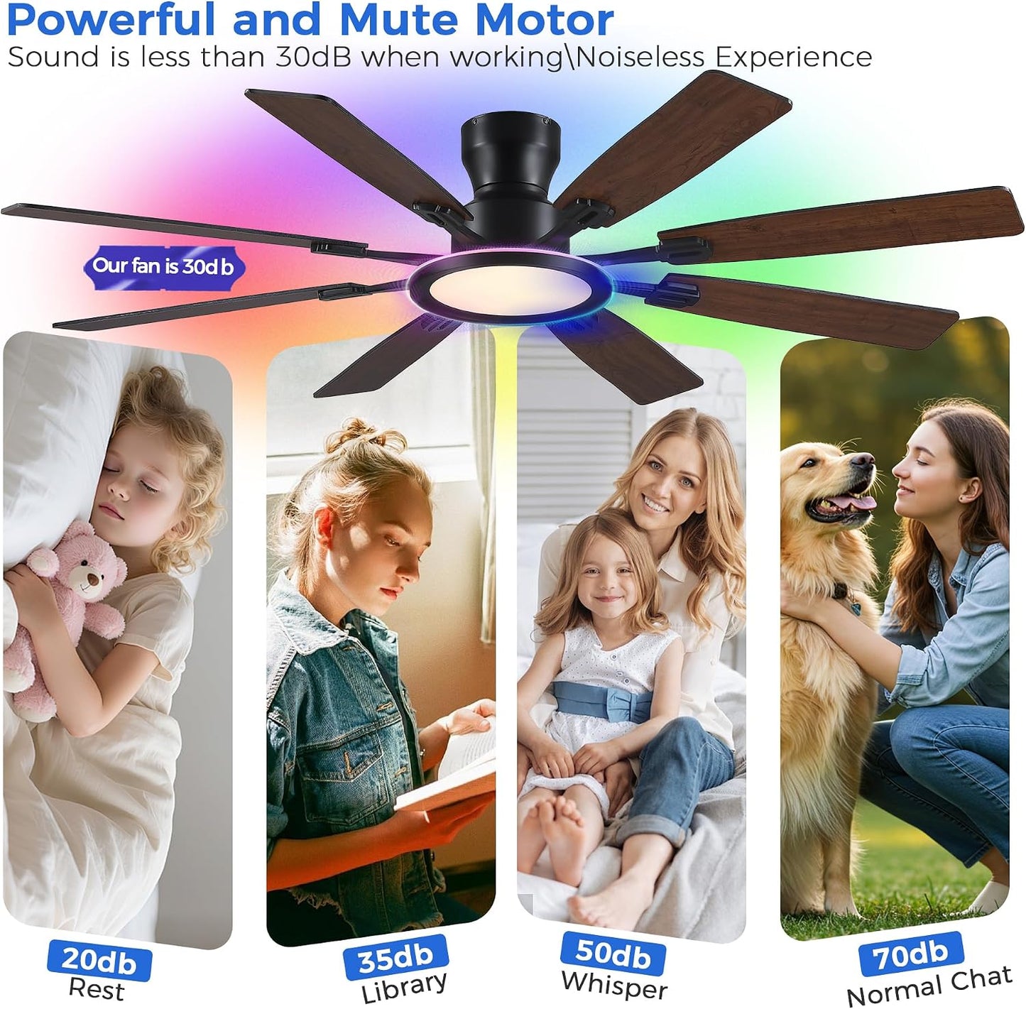 Ceiling Fans with Lights -60in Brown Flush Mount Ceiling Fan with RGB SY8888-Black-RGB SY8888-White-RGB SY8888-Brown-RGB