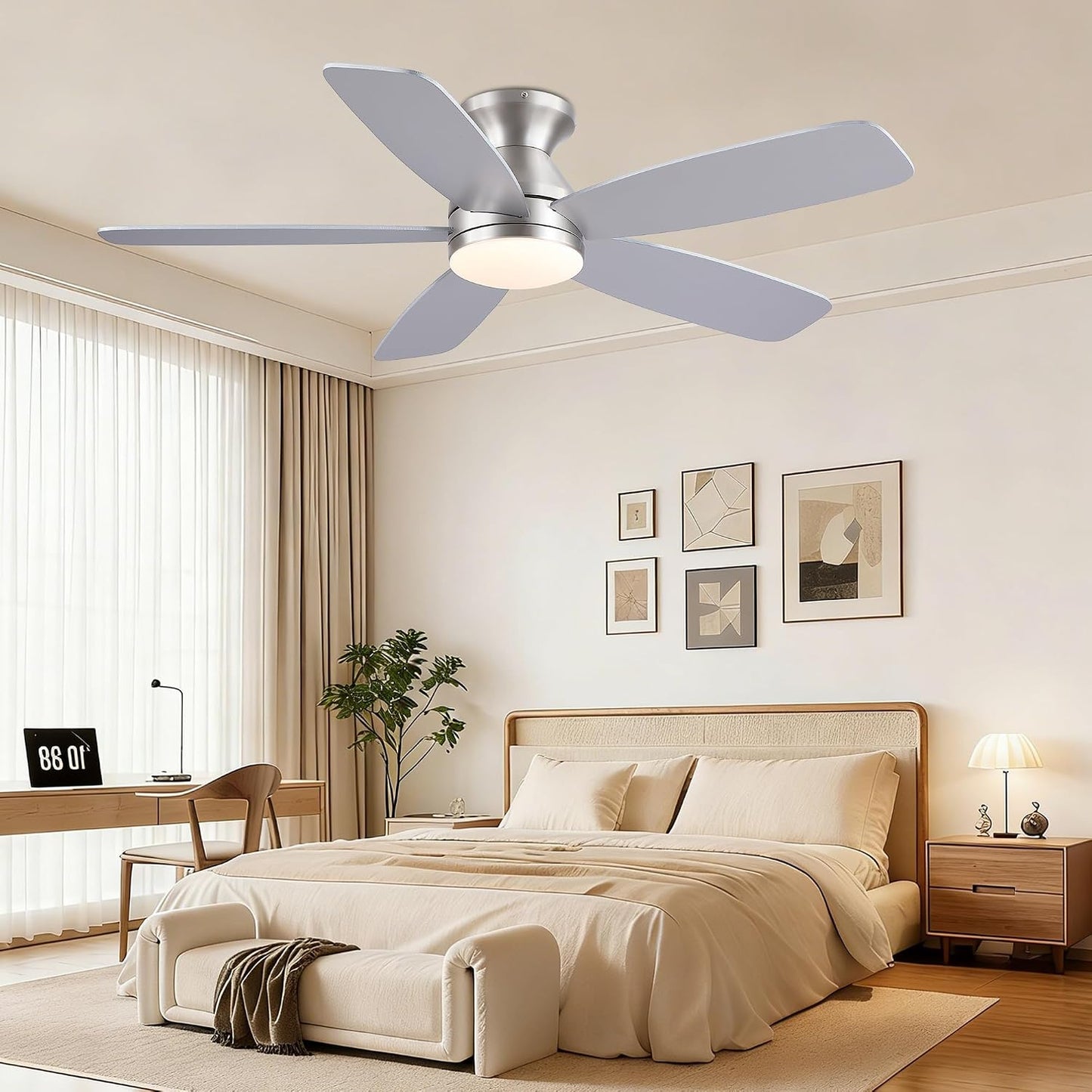 SAITEE 48" Ceiling Fans with Lights Low Profile - Flush Mount Ceiling Fan with Light and Remote, 6 Wind Speeds Reversible, Quiet, 3CCT Dimmable, Fan Light for Modern Indoor, Bedroom, Kitchen,JL68-48-Black JL068-48-white JL68-48-Brwon JL68-48-Nickle