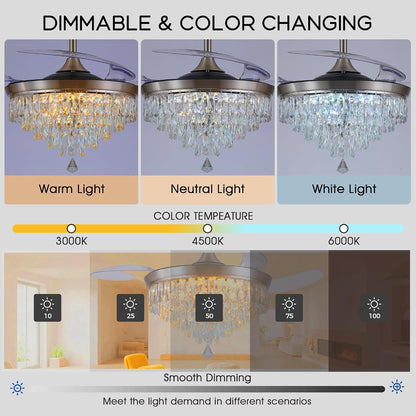 48" Chandelier Ceiling Fan with Lights, Crystal Retractable Fandelier with 3 Color LED Dimmable, Reversible DC Motor, Modern for Bedroom, Living Room5555-BLACK 5555-GOLD 5555-NICKEL