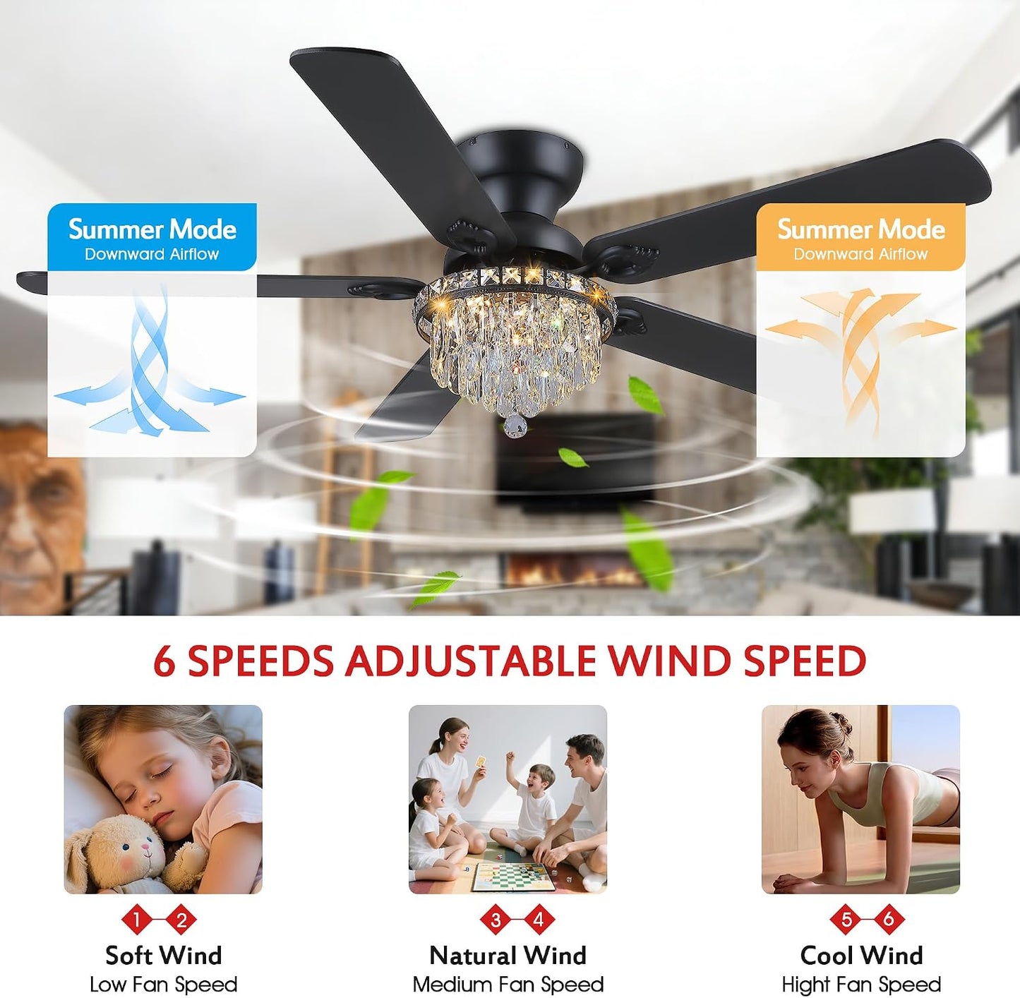 Crystal Ceiling Fan Fandelier with Lights-Modern Ceiling Fan(52" )5889-Black 5890-Black