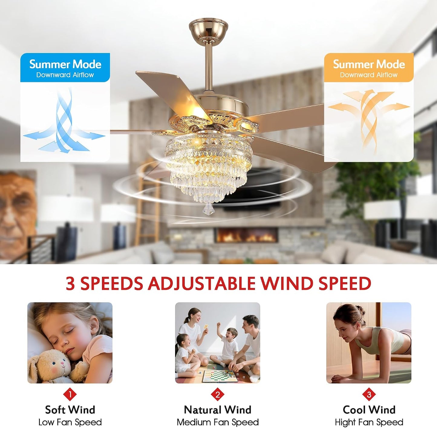 Crystal Ceiling Fan Fandelier with Lights - Retro Outdoor Fans (52" ) 5888 5888-Silver 52 5888-Gold 52