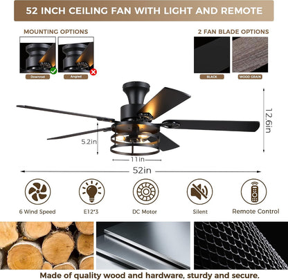 JSAITEE 52" Farmhouse Flush Mount Ceiling Fans with Lights, No Bulbs