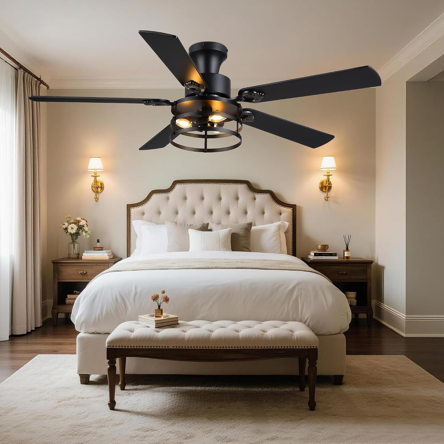 JSAITEE 52" Farmhouse Flush Mount Ceiling Fans with Lights, No Bulbs