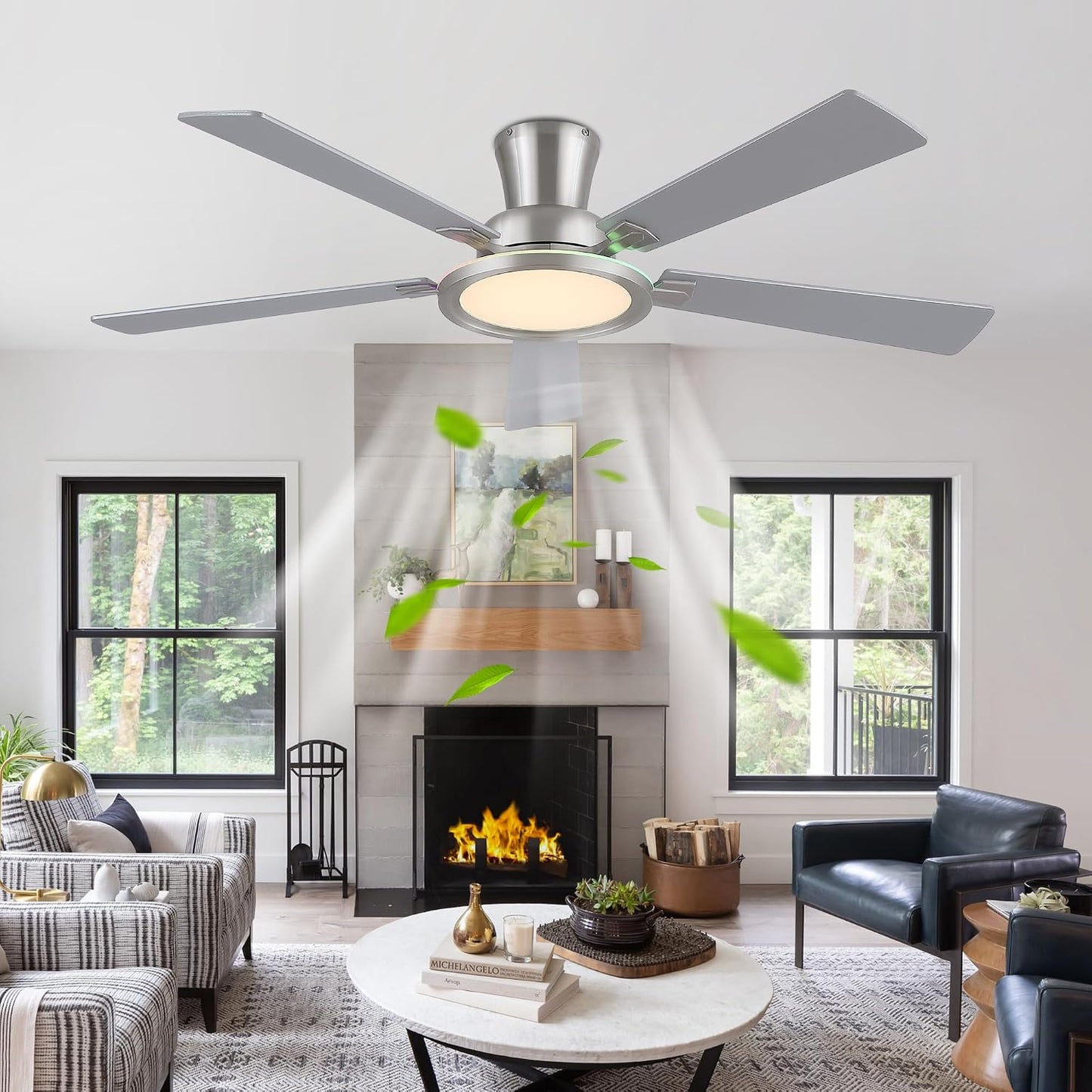 Ceiling Fans with Lights - 52in Flush Mount Ceiling Fan with RGB Dimmable, 3CCT 6 Wind Speeds and Reversible Quiet Motor, Low Profile RGB Fan Light for Modern Indoor, Party 8886-Black 8886-White 8886-Brown 8886-Nickel